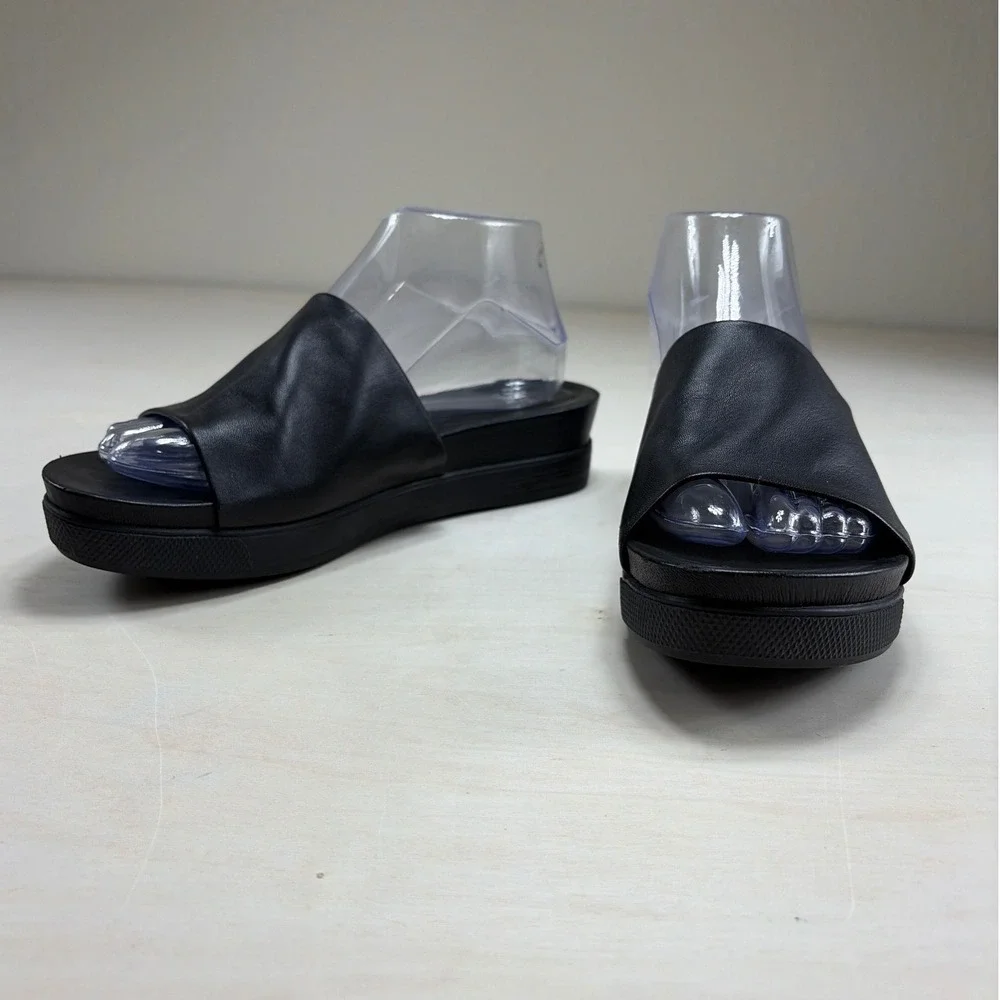 Eileen Fisher Black Leather Platform Slide Sandals Minimalist Open Toe Womens 9